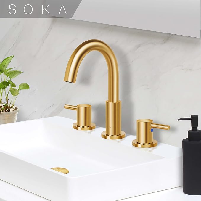 SOKA SK1B001AR Bathroom Sink faucets, 8 INCH Gooseneck - Lever, Gold + G