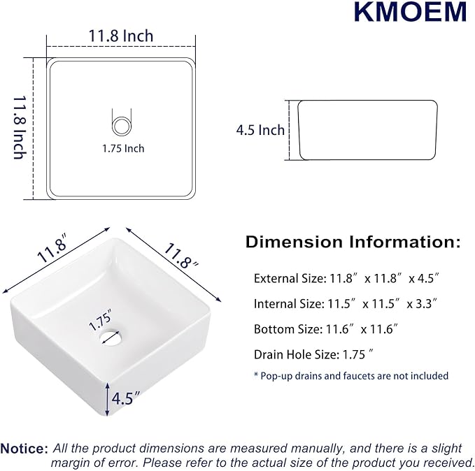 Vessel Sink 12"x12" Rectangular Bathroom Sink Modern White Porcelain Ceramic Above Counter Drop-in Vanity Sink for Bathrooms Art Basin