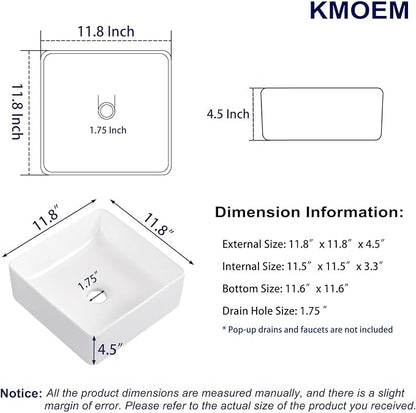 Vessel Sink 12"x12" Rectangular Bathroom Sink Modern White Porcelain Ceramic Above Counter Drop-in Vanity Sink for Bathrooms Art Basin