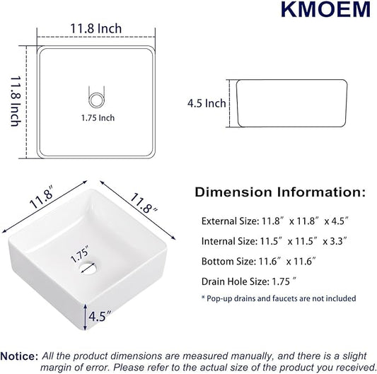 Vessel Sink 12"x12" Rectangular Bathroom Sink Modern White Porcelain Ceramic Above Counter Drop-in Vanity Sink for Bathrooms Art Basin