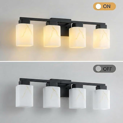 4-Light Square Bathroom Light Fixture, Black Modern Vanity Light with White Marble Glass Shade, for Bathroom Mirror, Living Room, Bedroom, Hallway, E26 Base