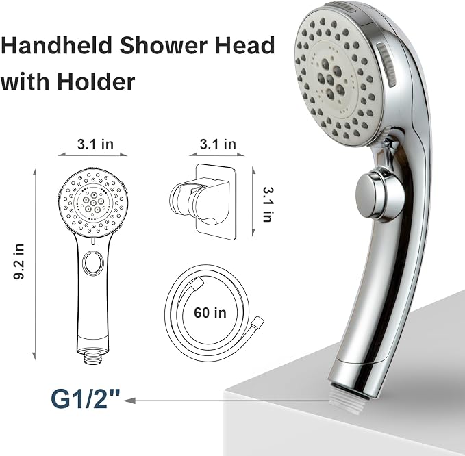 OFFO Handheld Shower Head with Adjustable Shower Head Holder, 5 Mode Handheld Shower Head with On Off Switch for Water Saving, High Flow Showerheads with 60" Stainless Steel Hose, Silver