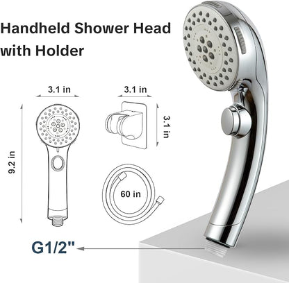 OFFO Handheld Shower Head with Adjustable Shower Head Holder, 5 Mode Handheld Shower Head with On Off Switch for Water Saving, High Flow Showerheads with 60" Stainless Steel Hose, Silver
