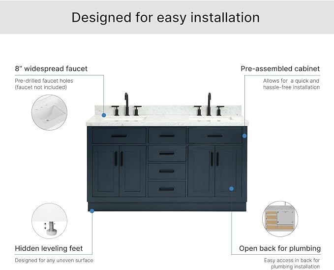 ARIEL Hepburn 60-inch Bathroom Vanity with Sink,Solid Wood, 1.5-inch Italian Carrara Marble Countertop, Double Rectangular Porcelain Sink, 4 Soft Closing Doors, 6 Dovetail Drawers, Midnight Blue