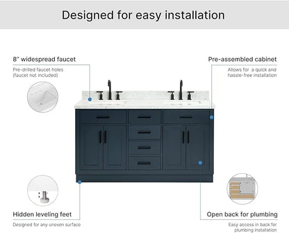 ARIEL Hepburn 60-inch Bathroom Vanity with Sink,Solid Wood, 1.5-inch Italian Carrara Marble Countertop, Double Rectangular Porcelain Sink, 4 Soft Closing Doors, 6 Dovetail Drawers, Midnight Blue