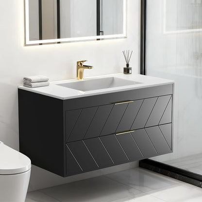 24 Inch Bathroom Vanity with Sink, Modern Floating Vanity with Resin Sink, 2 Large Storage Darwers, Wood Grain Texture Wall Mounted Bathroom Vanities, Gold Handles