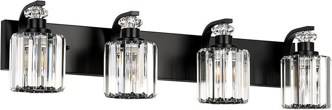 Black Bathroom Light Fixtures with K9 Crystal Lampshade Bathroom Lighting Over Mirror Vanity Lights for Living Room,Bedroom,Restroom,Hallway 4 Lights