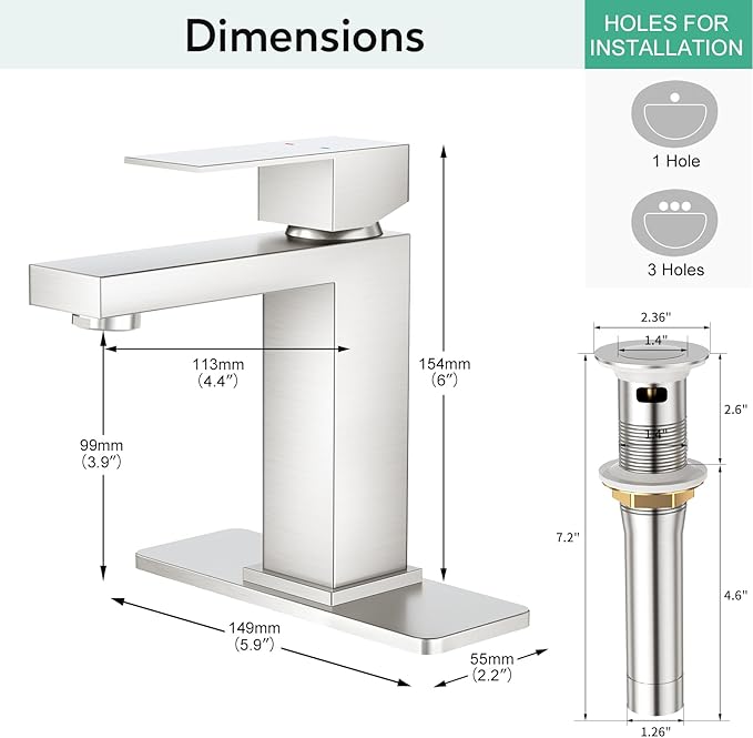 Faustina Brushed Nickel Bathroom Faucet, Single Handle Stainless Steel Bathroom Vanity Faucet with Metal Pop-Up Drain and Deck Plate for 1 or 3 Hole
