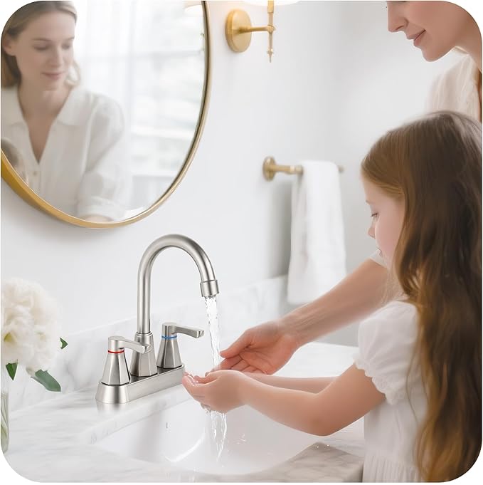 Brushed Nickel Bathroom Faucet 3 Hole, 4 Inch 2-Handle Centerset Bathroom Sink Faucet, Faucet for Bathroom Sink 360° Swivel Bathroom Faucets RV Lavatory Vanity Faucet with Pop-up Drain