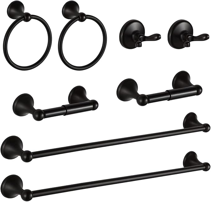 8 Piece Bathroom Accessory Set(Adjustable Towel Bar, Towel Ring, Toilet Paper Holder,Towel Hook), Wall Mounted Bathroom Hardware Accessories Set,Matte Black