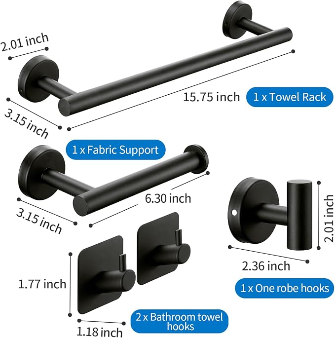 Matte Black Bathroom Hardware Set, 5 Pieces Bathroom Accessories Set,Stainless Steel 16 Inch Bath Towel Bar Set Wall Mounted,Robe Towel Hooks, Toilet Paper Holder,Towel Racks for Bathroom SP-60008-N
