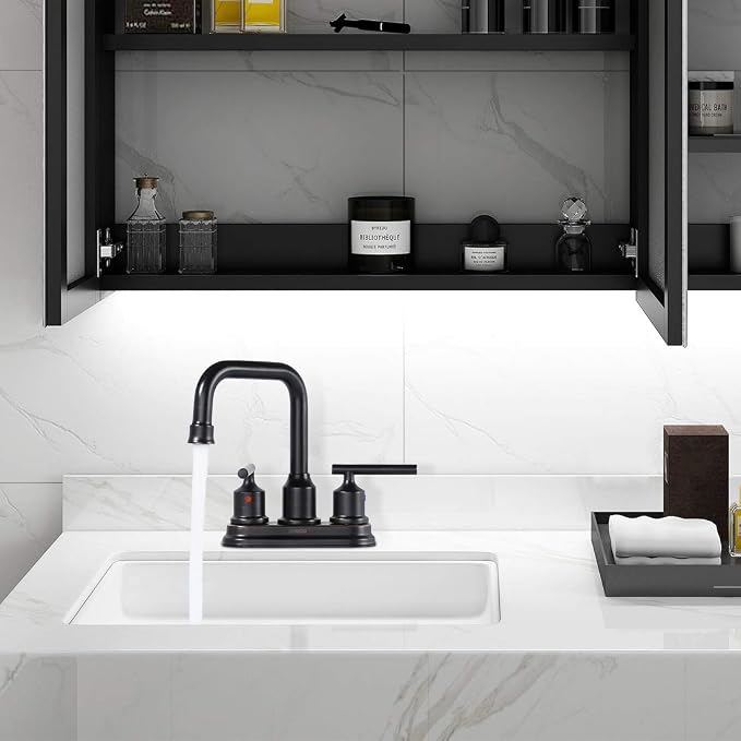 WOWOW Oil Rubbed Bronze Bathroom Faucet for Bathroom Sink Faucet 3 Hole Lavatory Faucet 2 Handle Vanity Faucet with Drain and Supply Hose Mixer Tap High Arc Swivel Spout