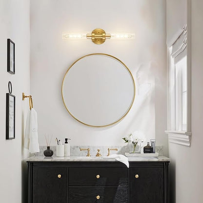Hardwired Wall Sconces Set of 2, Brushed Gold Bathroom Wall Sconces Vanity Light Fixture with Clear Glass, Modern Farmhouse Wall Lights for Bathroom Mirror Living Room Hallway Kitchen