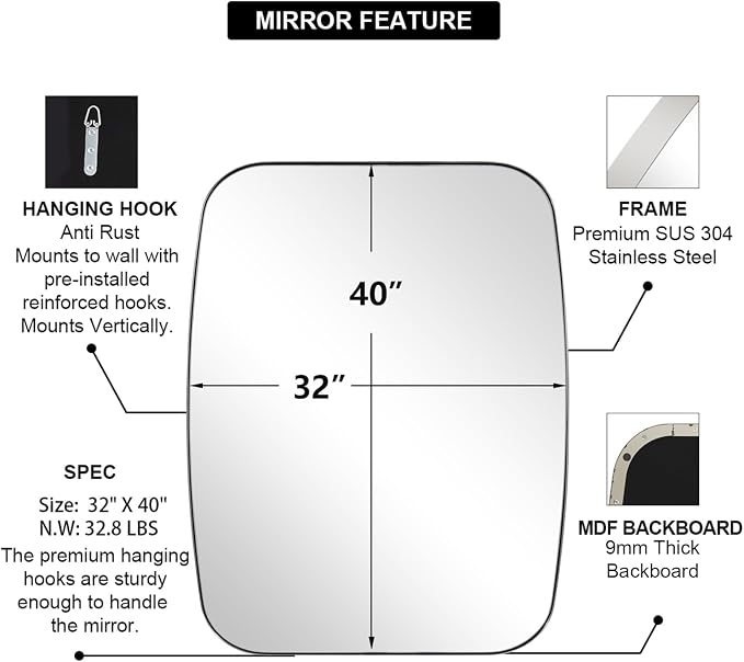 Chrome Oblong Mirror, 32x40 Inch Polished Chrome Oval Mirror for Bathroom with Stainless Steel Metal Frame, Wall Mouned for Bathroom, Living Room, Entryway