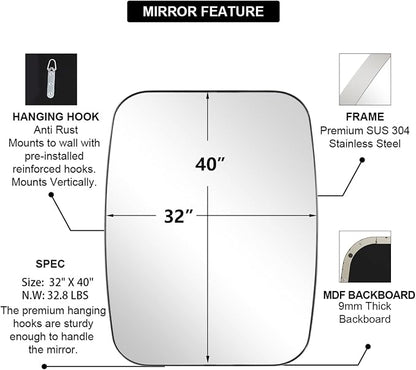Chrome Oblong Mirror, 32x40 Inch Polished Chrome Oval Mirror for Bathroom with Stainless Steel Metal Frame, Wall Mouned for Bathroom, Living Room, Entryway