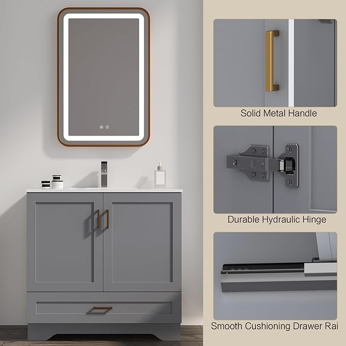 36 inch Bathroom Vanity with Sink, Modern Grey Vanity for Bathroom with Undermount Ceramic Sink, Freestanding 2-Door & 1-Drawer Storage Cabinet, for Small Bathroom Space, (Grey, 36")