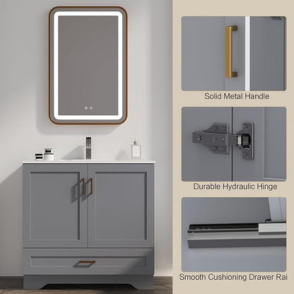 36 inch Bathroom Vanity with Sink, Modern Grey Vanity for Bathroom with Undermount Ceramic Sink, Freestanding 2-Door & 1-Drawer Storage Cabinet, for Small Bathroom Space, (Grey, 36")