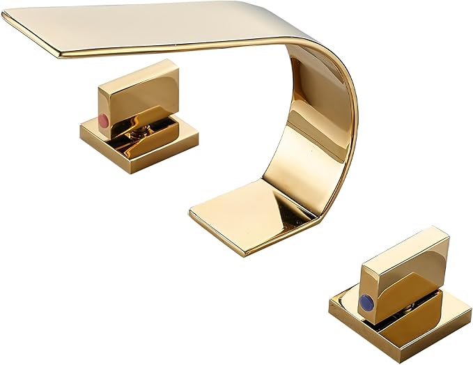 becola Gold Bathroom Faucet 3 Hole,Ultrathin Low Arc 8 inch Widespread Bathroom Faucet,Waterfall Bathroom Faucet,2-Handle Modern Vanity Faucet with Hot and Cold Water Supply Hoses