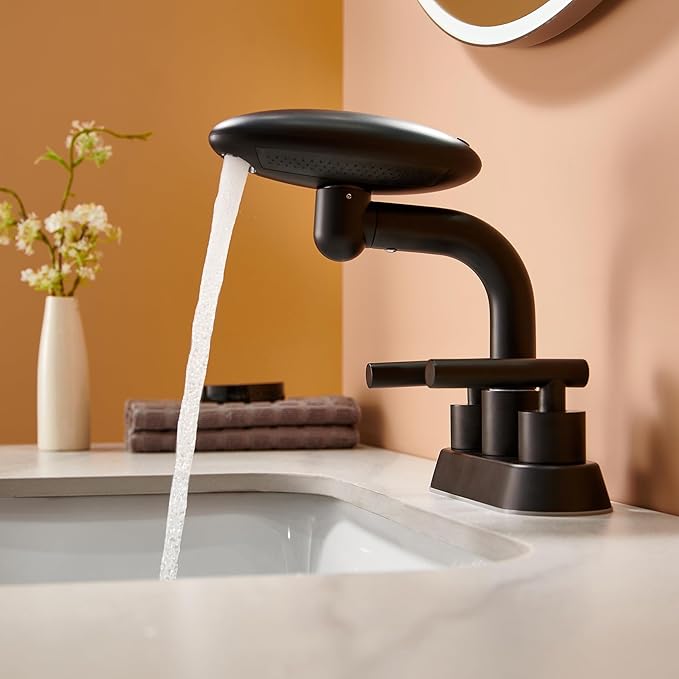 Matte Black Bathroom Sink Faucet，Modern 3 Hole Bathroom Faucet 2 Handle 4 Inch Centerset with 4 Water Outlet Modes, 360° Swivel Spout & Pop-Up Drain