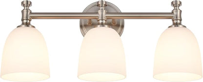 Bathroom Vanity Light, 3-Light Bathroom Light Fixtures Over Mirror, Traditional Vanity Lights for Living Room, Milk White Bell Glass Shades, Standard E26 Base, Brushed Nickel