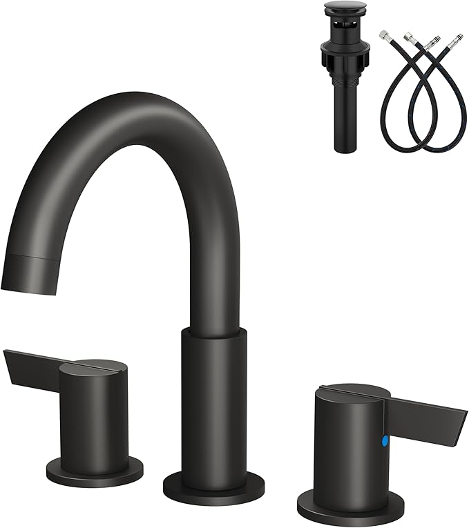 Bathroom Sink Faucet 3 Hole 8 Inch Widespread 2-Handle Vanity Faucet SUS304 Stainless Steel with Pop-Up Drain and Supply Lines Matte Black
