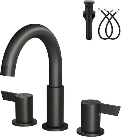 Bathroom Sink Faucet 3 Hole 8 Inch Widespread 2-Handle Vanity Faucet SUS304 Stainless Steel with Pop-Up Drain and Supply Lines Matte Black