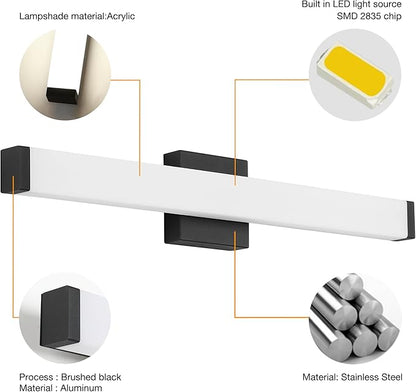 Bathroom Vanity Light Brushed Nickel Square LED 24 inch 14W 4000K Natural White Light Wall Bar Lighting Fixtures Over Mirror (Matte Black, 24 inch 5CCTDimmable)