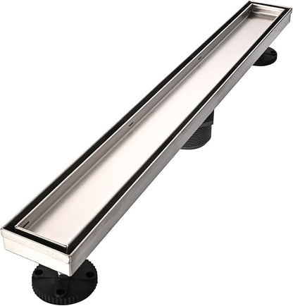 Linear Shower Floor Drain, 24 Inch Brushed Nickel 304 Stainless Steel Bathroom Drains Kit, Rectangular Shower Trench Drain with Reversable Tile-in Pattern Drain Cover & Hair Catcher