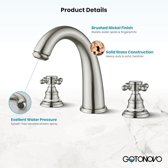 gotonovo Widespread Bathroom Sink Faucet 3 Hole Brushed Nickel,No Label | Vintage 8’’ Bathroom Faucet,2 Cross Handle,6-16’’ Sink,Vanity,RV,Farmhouse,SUS304,24’’ cUPC Hose,Pop Up Drain,Deck Mount