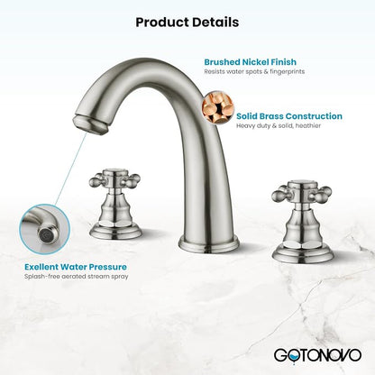 gotonovo Widespread Bathroom Sink Faucet 3 Hole Brushed Nickel,No Label | Vintage 8’’ Bathroom Faucet,2 Cross Handle,6-16’’ Sink,Vanity,RV,Farmhouse,SUS304,24’’ cUPC Hose,Pop Up Drain,Deck Mount