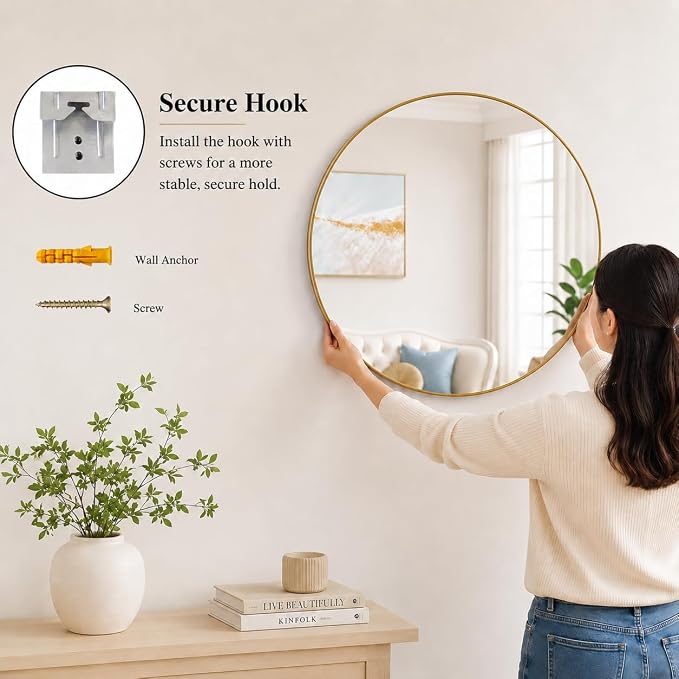 Garvee 32 Inch Round Wall Mirror Gold Metal Frame Crystal Clear Glass Decor