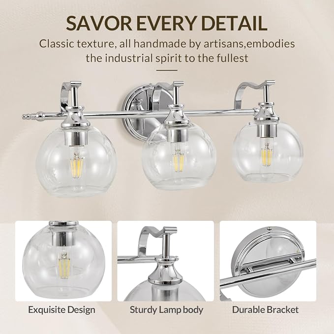 Chrome Vanity Light, 3-Light Polished Silver Bathroom Light Fixture Over Mirror, Modern Wall Sconce with Clear Glass Shade, Industrial Wall Lighting for Living Room, Bedroom, Hallway, 22.3"