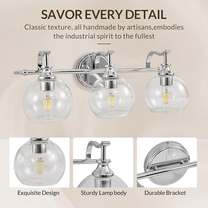 Chrome Vanity Light, 3-Light Polished Silver Bathroom Light Fixture Over Mirror, Modern Wall Sconce with Clear Glass Shade, Industrial Wall Lighting for Living Room, Bedroom, Hallway, 22.3"