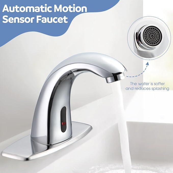 Touchless Bathroom Sink Faucets, Automatic Motion Sensor Sink Faucet with Hole Cover Deck Plate, Chrome Faucet for Bathroom Sink
