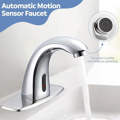 Touchless Bathroom Sink Faucets, Automatic Motion Sensor Sink Faucet with Hole Cover Deck Plate, Chrome Faucet for Bathroom Sink