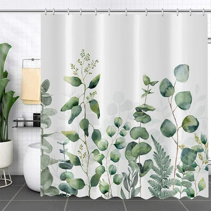 Botanical Shower Curtain, Green Eucalyptus Leaf Plants Bathroom Curtains Rustic for Bathtub Decor Machine Washable Waterproof Fabric with 12 Hooks and White 78''Lx72''W GCI-10119