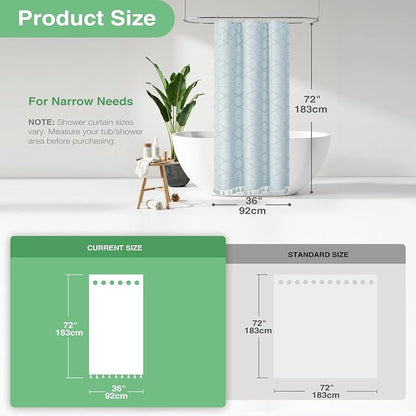 Stall Boho Shower Curtain Tufted Geometric 36"x72" Fog Blue | Narrow Half Size, Elegant Tassel, Soft Lightweight Textured Fabric, Water Repellent, Washable, for Bathroom/Dorm 6 Hooks