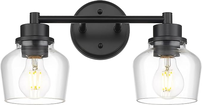Emak Modern Black Bathroom Lights, Farmhouse Vanity Lighting Fixtures with Clear Glass Shade, 2-Light Vanity Lights for Bathroom, Makeup Desk, Mirror, VL122-BK-CG-2