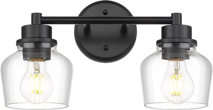 Emak Modern Black Bathroom Lights, Farmhouse Vanity Lighting Fixtures with Clear Glass Shade, 2-Light Vanity Lights for Bathroom, Makeup Desk, Mirror, VL122-BK-CG-2