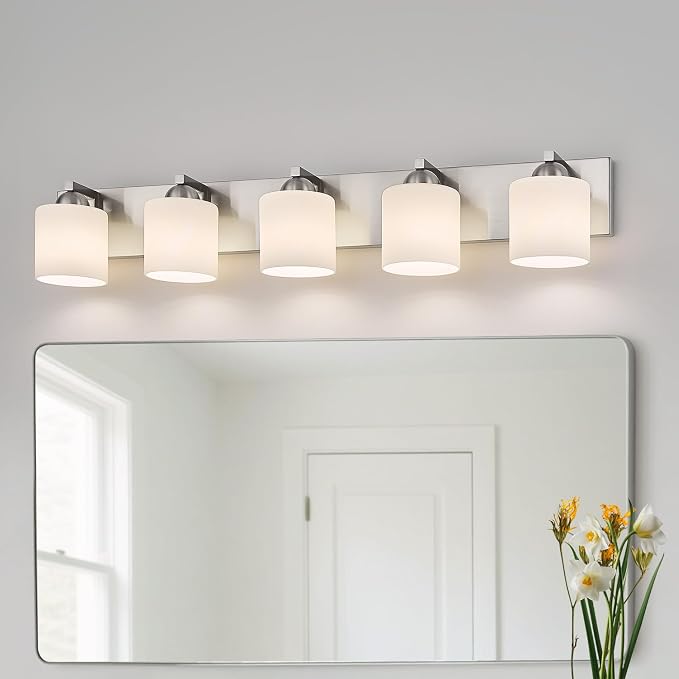 mirrea 5-Light Brushed Nickel Bathroom Vanity Light with White Glass Shades | Over Mirror,Wall Sconce,ETL listed,Bathroom Lighting Fixtures,Elegant Design,Milk White Glass Shade,Easy Installation