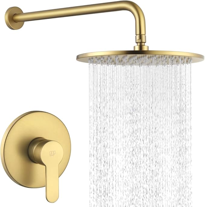POP SANITARYWARE Shower Faucet Set Brushed Gold 10 Inch Round Rain Shower Head and Handle Set Bathroom Rainfall Shower System Wall Mounted Shower Fixture Single Function Shower Valve Trim Kit