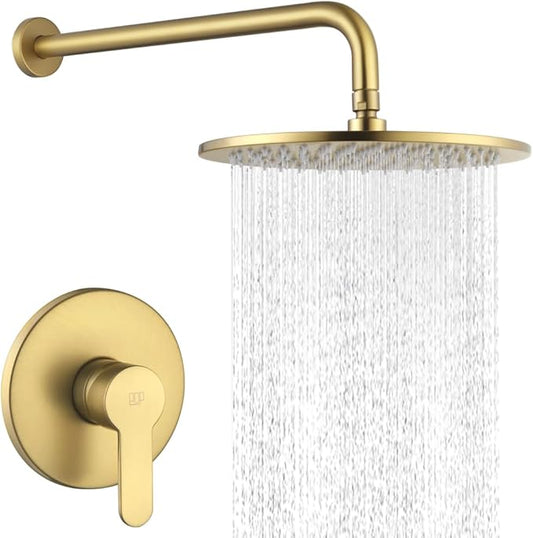POP SANITARYWARE Shower Faucet Set Brushed Gold 10 Inch Round Rain Shower Head and Handle Set Bathroom Rainfall Shower System Wall Mounted Shower Fixture Single Function Shower Valve Trim Kit