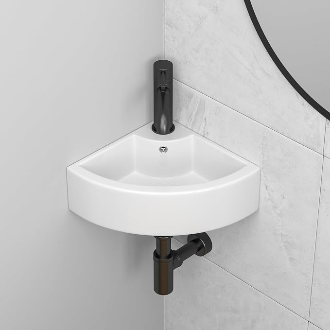 18"x 13" Wall Mount Corner Bathroom Sink White Porcelain Small Vessel Sink | Triangle Floating Wash Hand Basin Small White Porcelain Ceramic Floating Vessel Vanity Sink Wall Hung Bathroom Sink