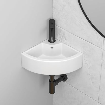 18"x 13" Wall Mount Corner Bathroom Sink White Porcelain Small Vessel Sink | Triangle Floating Wash Hand Basin Small White Porcelain Ceramic Floating Vessel Vanity Sink Wall Hung Bathroom Sink