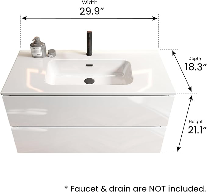 36" Bathroom Vanity with Sink, Modern Floating Vanity with Double Soft-Closing Drawers, Large Storage for Small Space, Glossy White, Fully Assembled - Iris Collection