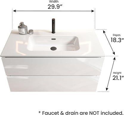 36" Bathroom Vanity with Sink, Modern Floating Vanity with Double Soft-Closing Drawers, Large Storage for Small Space, Glossy White, Fully Assembled - Iris Collection