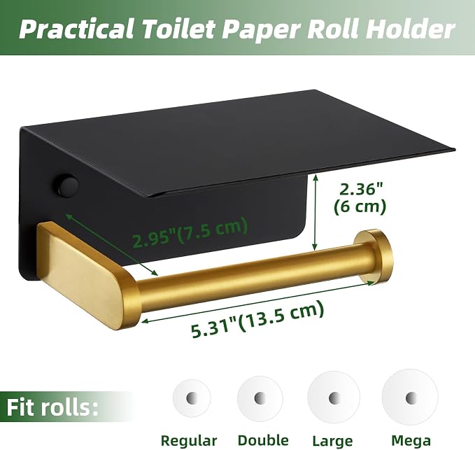 Toilet Paper Holder with Storage Shelf, Black & Gold, Wall Mounted | Rustproof 304 Stainless Steel, Fits for Bathroom, Restroom, Powder Room, Functional Paper Rolls & Phone Storage Tissue Holder