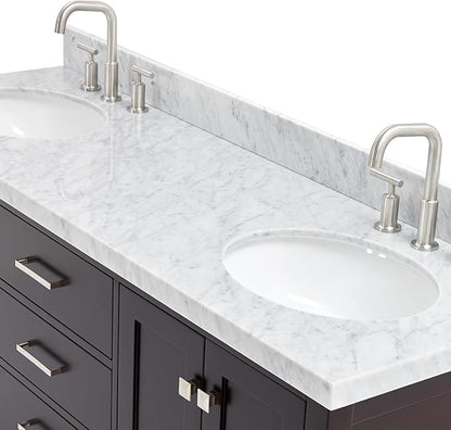 ARIEL Cambridge 66-inch Bathroom Vanity with Sink,Solid Wood, 1.5-inch Italian Carrara Marble Countertop & Backsplash, Double Oval Porcelain Sink, 4 Soft Closing Doors, 6 Dovetail Drawers, Espresso