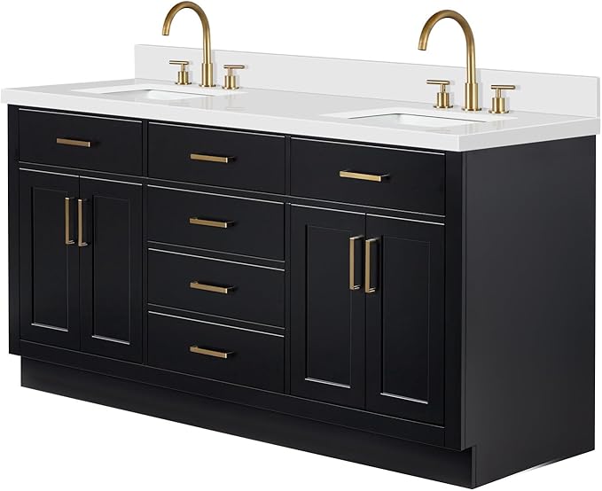 ARIEL Hepburn 66-inch Bathroom Vanity with Sink,Solid Wood, 1.5-inch Pure White Quartz Countertop & Backsplash, Double Rectangular Porcelain Sink, 4 Soft Closing Doors, 6 Dovetail Drawers, Black