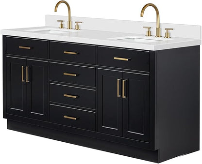 ARIEL Hepburn 66-inch Bathroom Vanity with Sink,Solid Wood, 1.5-inch Pure White Quartz Countertop & Backsplash, Double Rectangular Porcelain Sink, 4 Soft Closing Doors, 6 Dovetail Drawers, Black